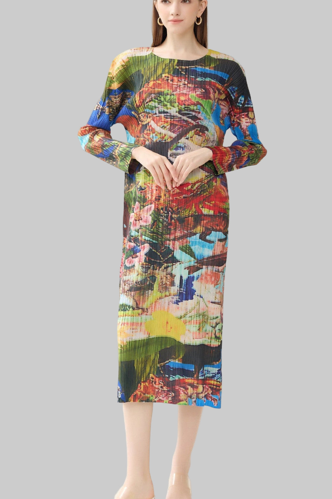Miyake dress women's summer new pleated Jurassic print long sleeve crew neck A-line skirt long colored skirt