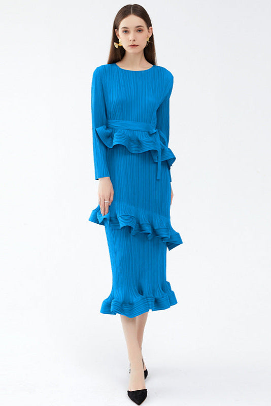 Pleats Art Style Ruffled Lace-Up Pleated Dress – Long Sleeve Midi