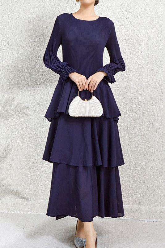 Pleats Art Style Pleated Dress – Elegant Waist-Slimming Ruffle Long Sleeve