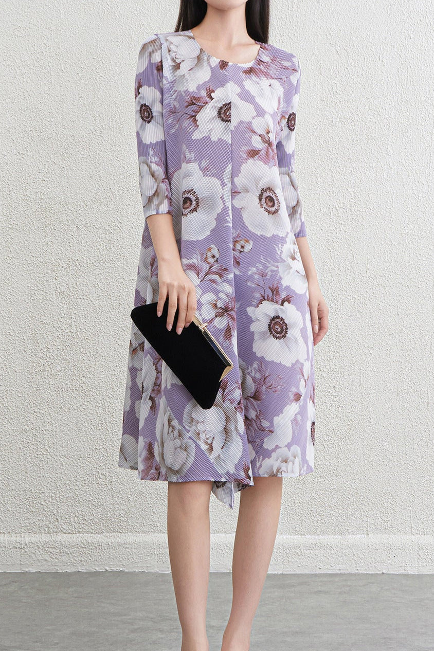 Pleats Art Style Pleated Midi Dress – Floral Elegant Light Luxury