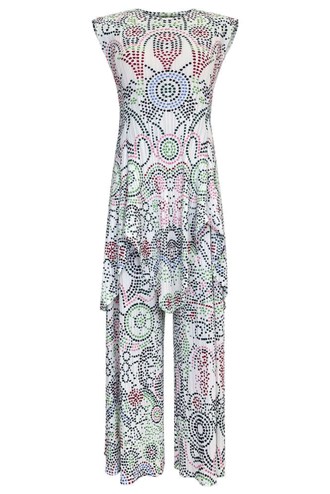 Boho Two-Piece Set – Dot Print Top and Pleated Wide-Leg Pants