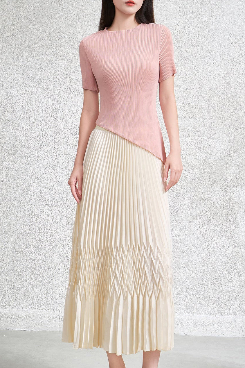 Pleats Art Style Two-Piece Set – Irregular Pleated Top & Elastic Waist Skirt