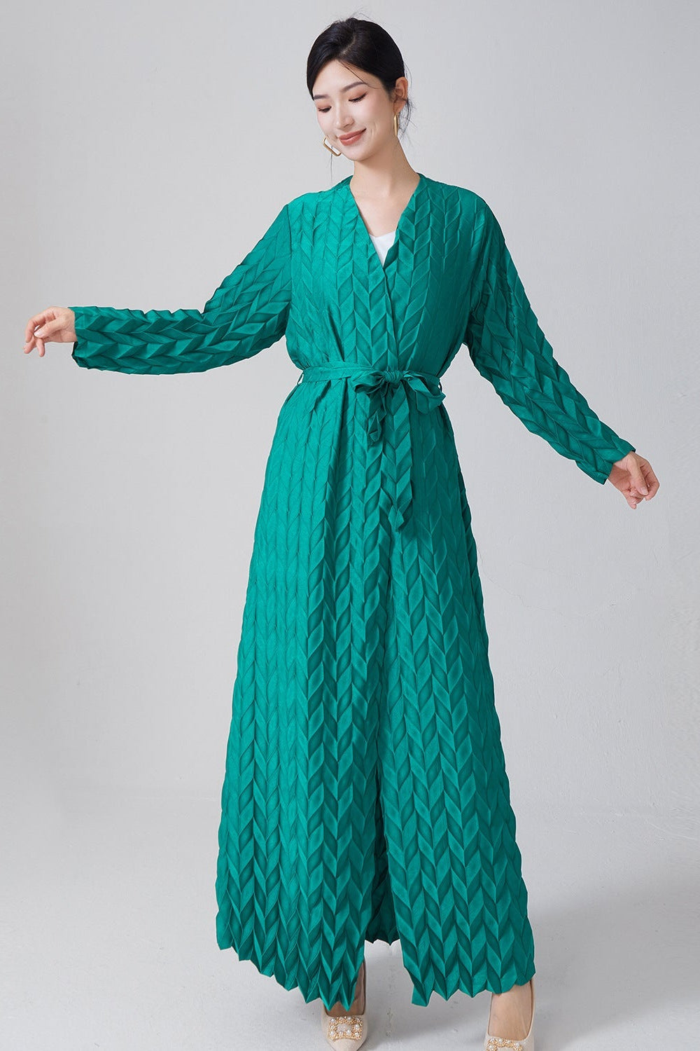 Pleats Please Lace-Up Trench Coat – Plus-Size Friendly Pleated Mid-Length Jacket