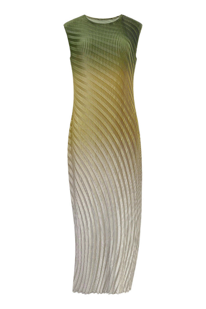 Pleats Art Style Pleated Dress – Fish Scale Gradient Sleeveless Round Neck
