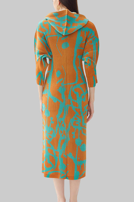 Pleated Printed Hooded Cloak Dress – Long Sleeve Single-Breasted Style
