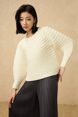 2025 Winter Japanese Pleated Sweater – Crew Neck, Soft Knit, Long Sleeve Solid Color Style