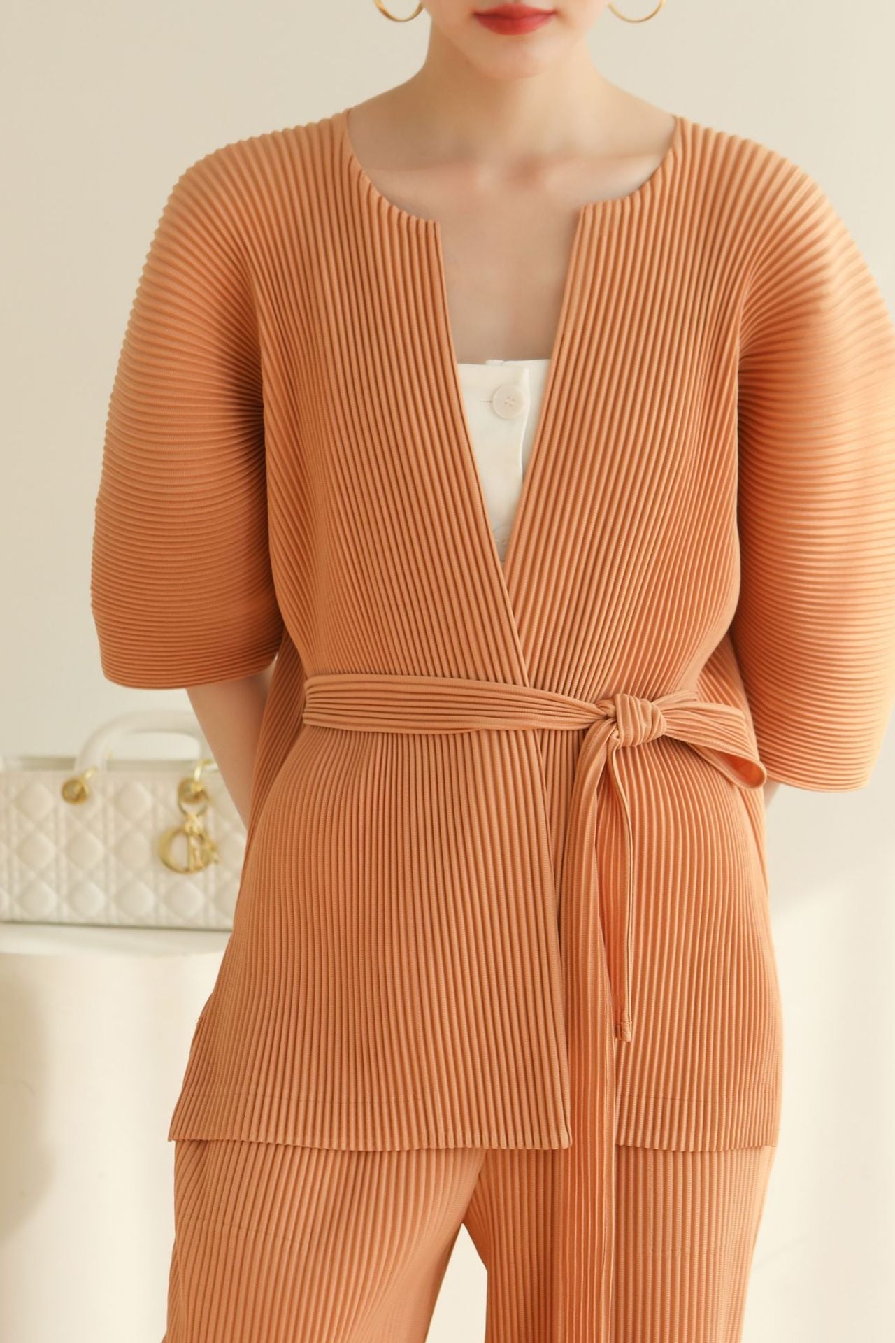 Pleated Two-Piece Set – Lace-Up Cardigan Jacket & Cropped Pants, Casual Chic Style