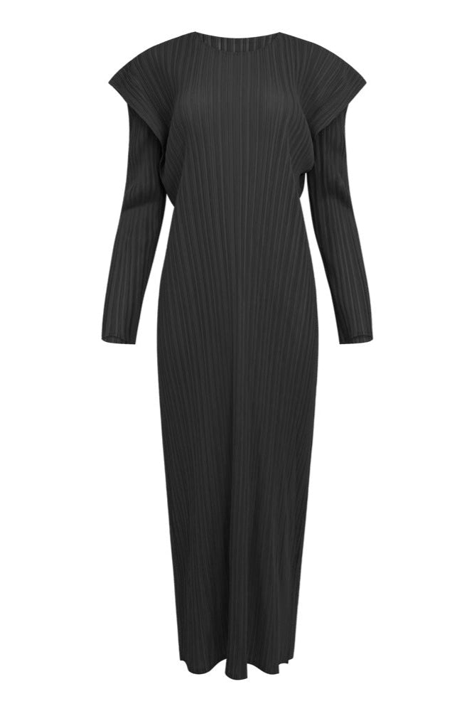 Pleats Art Style Long-Sleeve Pleated Dress – Slim Fit, Solid Color