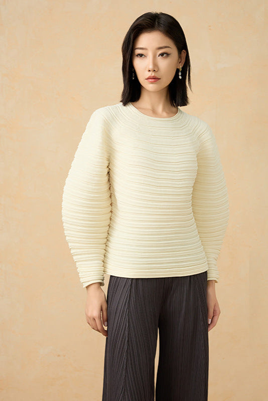 2025 Winter Japanese Pleated Sweater – Crew Neck, Soft Knit, Long Sleeve Solid Color Style