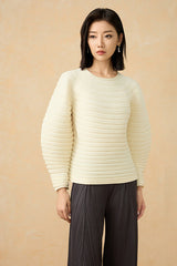 2025 Winter Japanese Pleated Sweater – Crew Neck, Soft Knit, Long Sleeve Solid Color Style