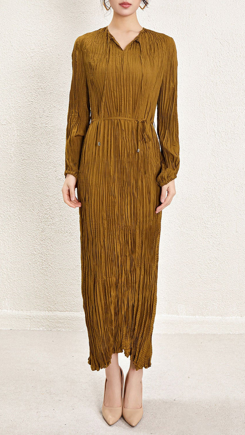 Pleats Art Style Pleated Dress – Irregular Long Sleeve Cinched Waist