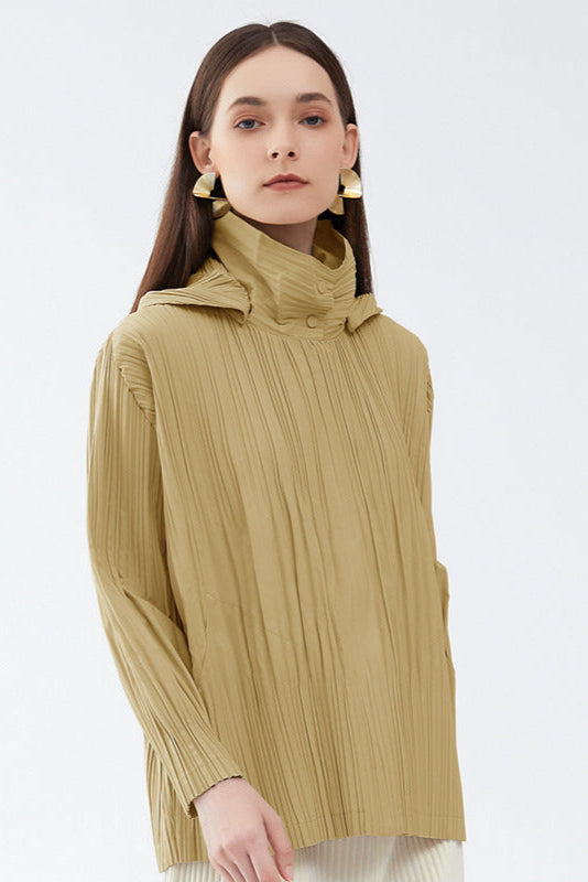 Pleats Please Short Trench Coat – Solid Color Pleated Jacket with Detachable Hood
