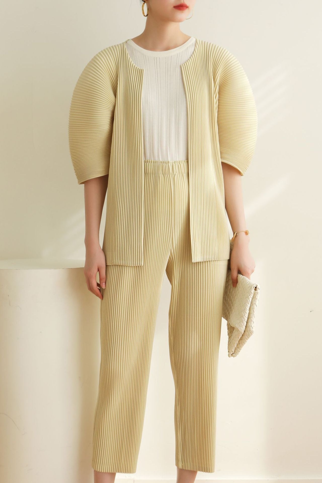 Pleated Two-Piece Set – Lace-Up Cardigan Jacket & Cropped Pants, Casual Chic Style