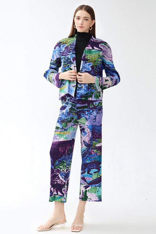 Pleated Printed Jacket and Pants Set – Chic Straight-Leg Two-Piece Outfit