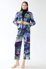 Pleated Printed Jacket and Pants Set – Chic Straight-Leg Two-Piece Outfit