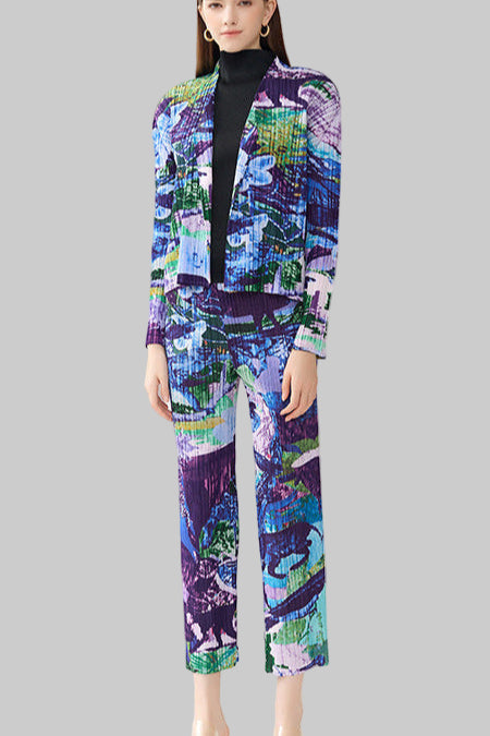 Pleated Printed Jacket and Pants Set – Chic Straight-Leg Two-Piece Outfit