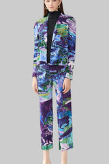 Pleated Printed Jacket and Pants Set – Chic Straight-Leg Two-Piece Outfit
