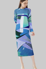 Pleated Printed A-Line Midi Dress – Slim Long Sleeve Women’s Style