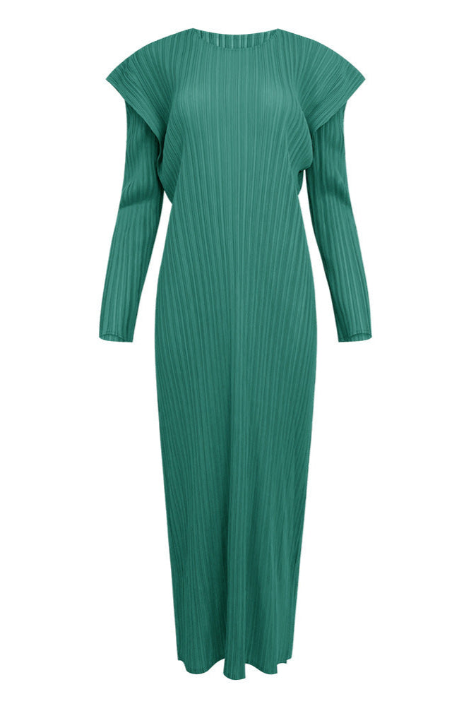 Pleats Art Style Long-Sleeve Pleated Dress – Slim Fit, Solid Color