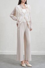 Pleated Floral Bud Cardigan and Wide-Leg Pants Set – Elegant Two-Piece Outfit