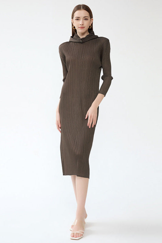 Pleats Art Style A-Line Pleated Dress – Hooded Long Sleeves