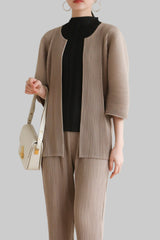 Pleated Two-Piece Set – Lace-Up Cardigan Jacket & Cropped Pants, Casual Chic Style