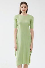 Pleated Solid Color Midi Dress – Short Sleeve Slim A-Line Style