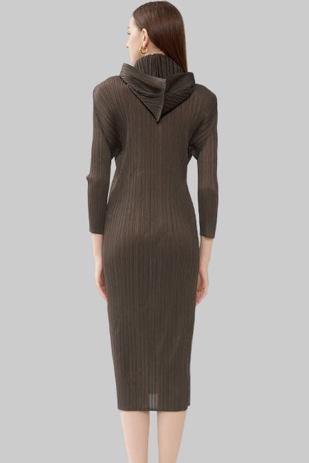 Pleats Art Style A-Line Pleated Dress – Hooded Long Sleeves