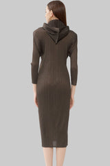 Pleats Art Style A-Line Pleated Dress – Hooded Long Sleeves