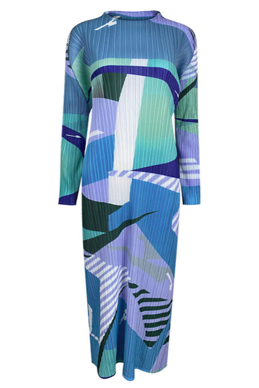 Pleated Printed A-Line Midi Dress – Slim Long Sleeve Women’s Style