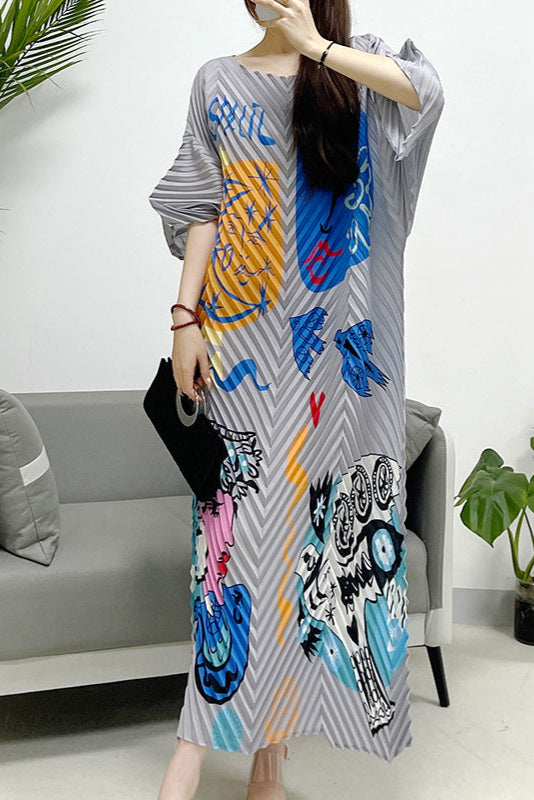 2025 Fall Winter Pleated Printed Maxi Dress – V-Fold Design, Elegant Casual Style for Women