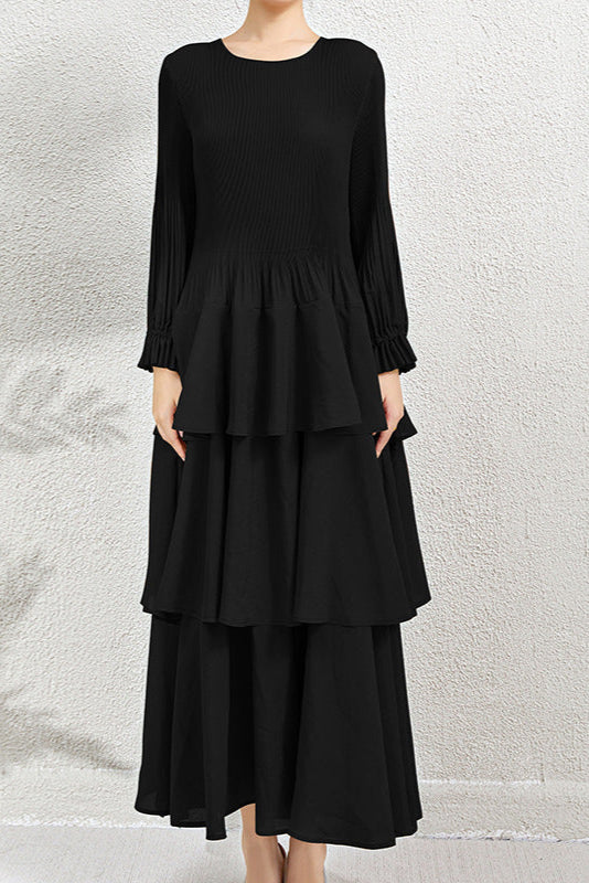 Pleats Art Style Pleated Dress – Elegant Waist-Slimming Ruffle Long Sleeve