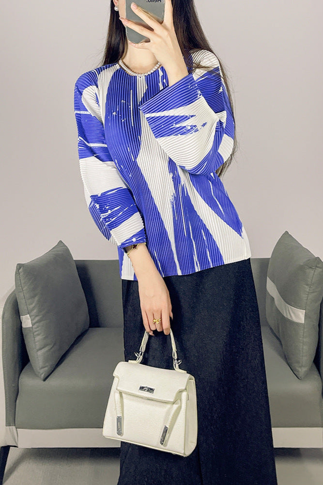 2025 Fall Winter Pleated Printed T-Shirt – Loose Fit, Lightweight Casual Top for Women