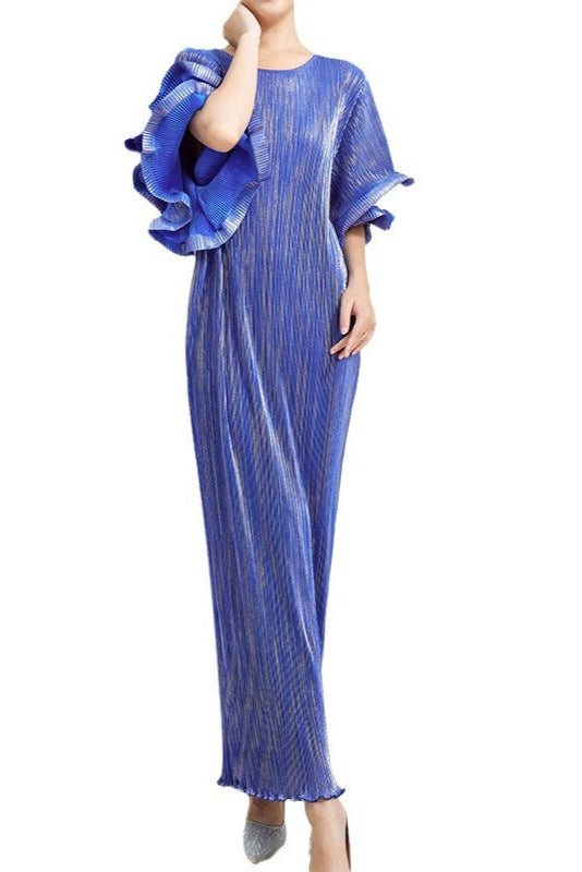 Pleats Art Style Pleated Dress – Metallic Slim Fit with Double-Layer Ruffled Sleeves