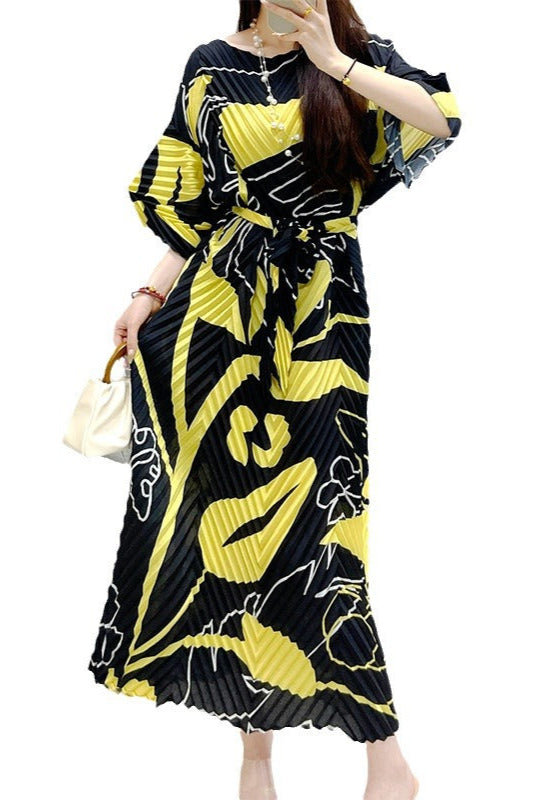 2025 Fall Winter Pleated Printed Maxi Dress – V-Fold Design, Elegant Casual Style for Women
