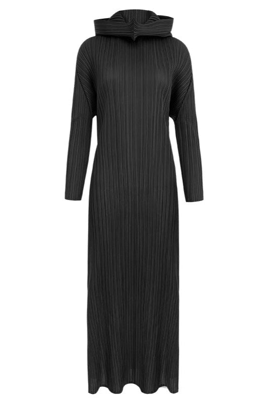 Pleats Art Style A-Line Pleated Dress – Hooded Long Sleeves