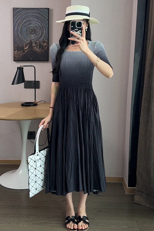 Pleats Art Style Gradient Pleated Dress – 2025 Summer Luxury Feminine A-Line Maxi Skirt