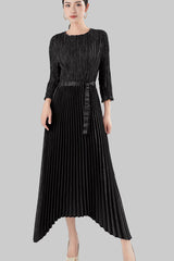Pleats Please Irregular Bronzing Maxi Dress – Elegant Lace-Up Pleated Long Dress