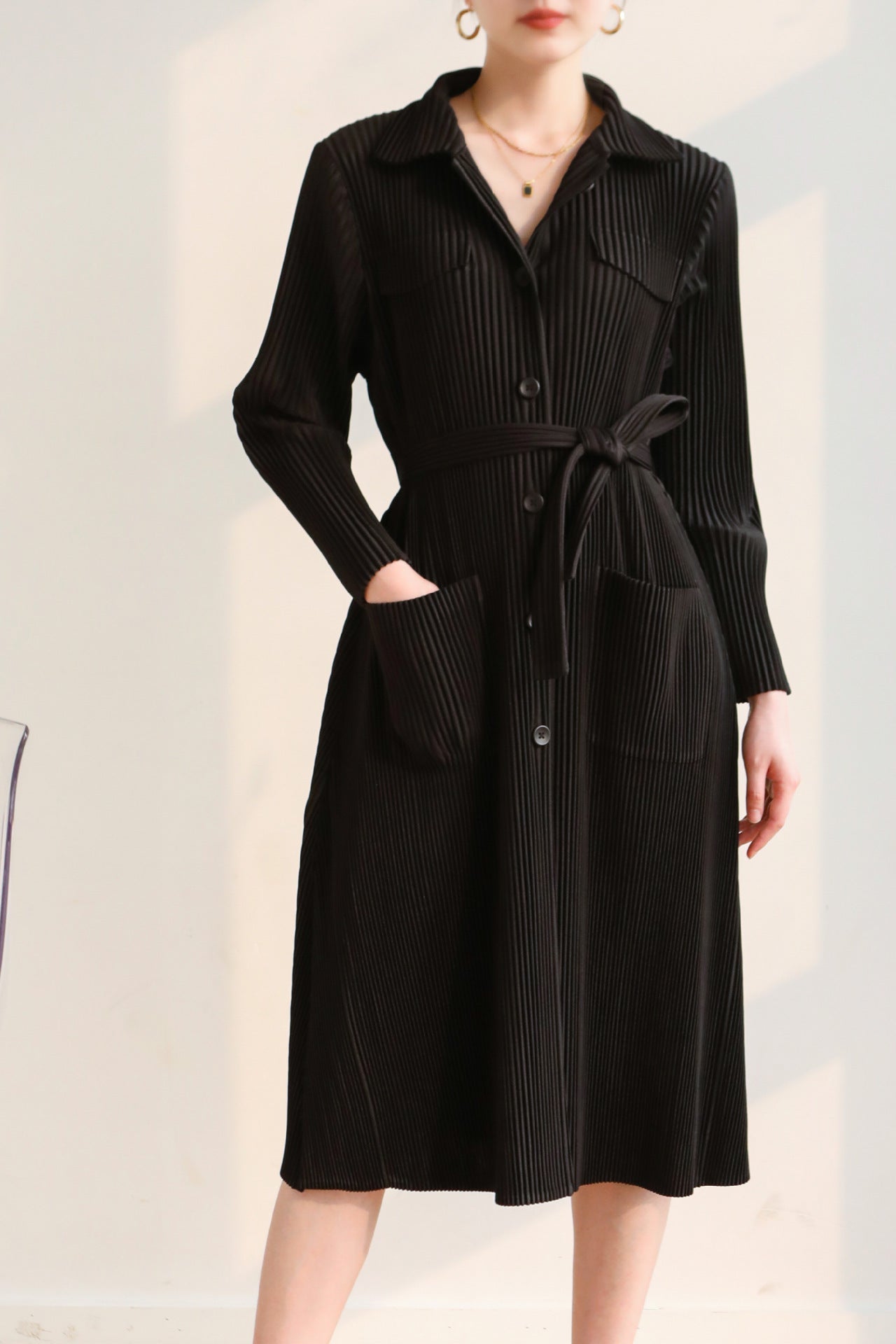 Pleated Casual Windbreaker Jacket – British Style Mid-Length Trench for Women