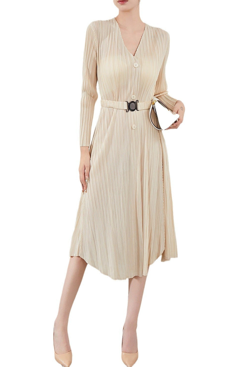 Pleated V-Neck Long Sleeve Maxi Dress – Elegant Women’s Outfit
