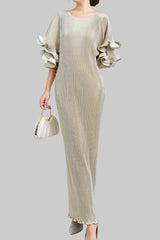 Pleats Art Style Pleated Dress – Metallic Slim Fit with Double-Layer Ruffled Sleeves