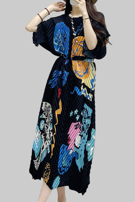2025 Fall Winter Pleated Printed Maxi Dress – V-Fold Design, Elegant Casual Style for Women