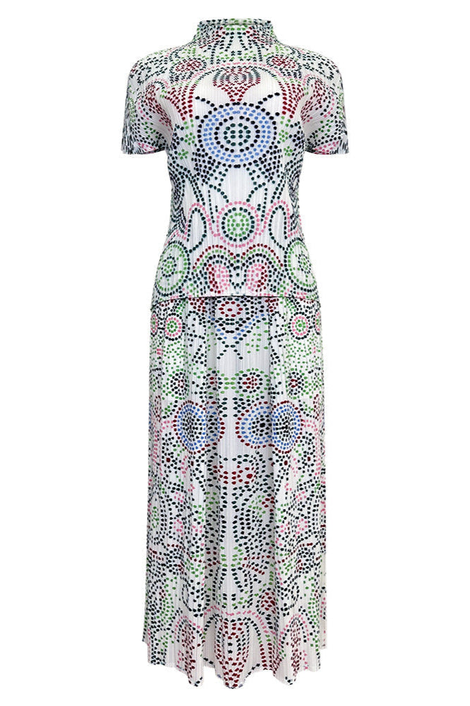 Boho Two-Piece Set – Printed Short Sleeve Top and Loose Skirt