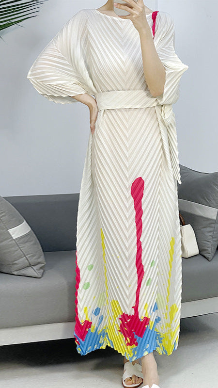 2025 Fall Winter Pleated Printed Maxi Dress – V-Fold Design, Elegant Casual Style for Women