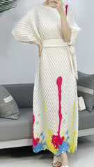 2025 Fall Winter Pleated Printed Maxi Dress – V-Fold Design, Elegant Casual Style for Women