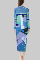 Pleated Printed A-Line Midi Dress – Slim Long Sleeve Women’s Style