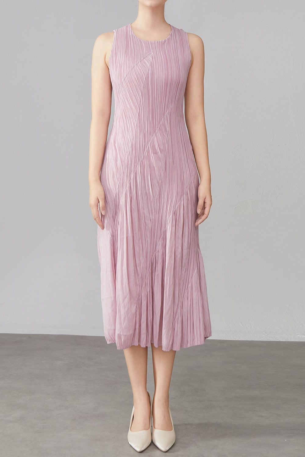 Pleats Art Style Pleated Dress – Spliced Sleeveless Midi