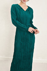 Pleats Art Style Pleated Dress – Irregular Long Sleeve Cinched Waist