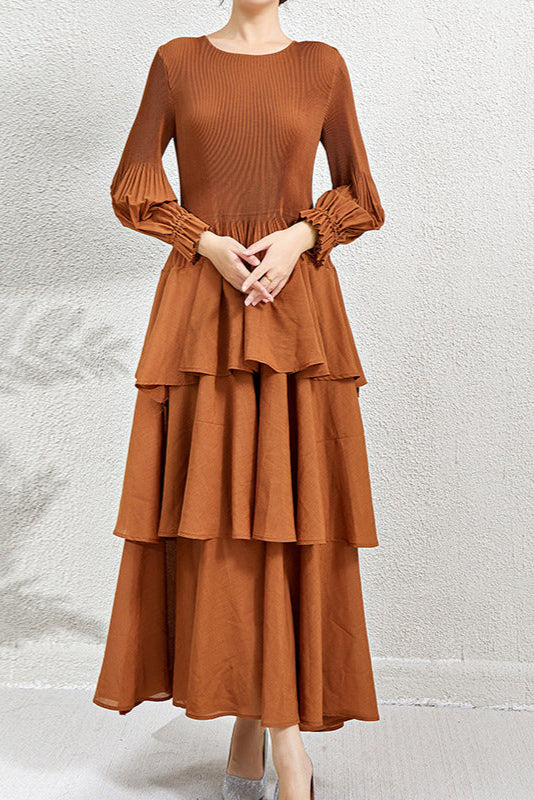 Pleats Art Style Pleated Dress – Elegant Waist-Slimming Ruffle Long Sleeve