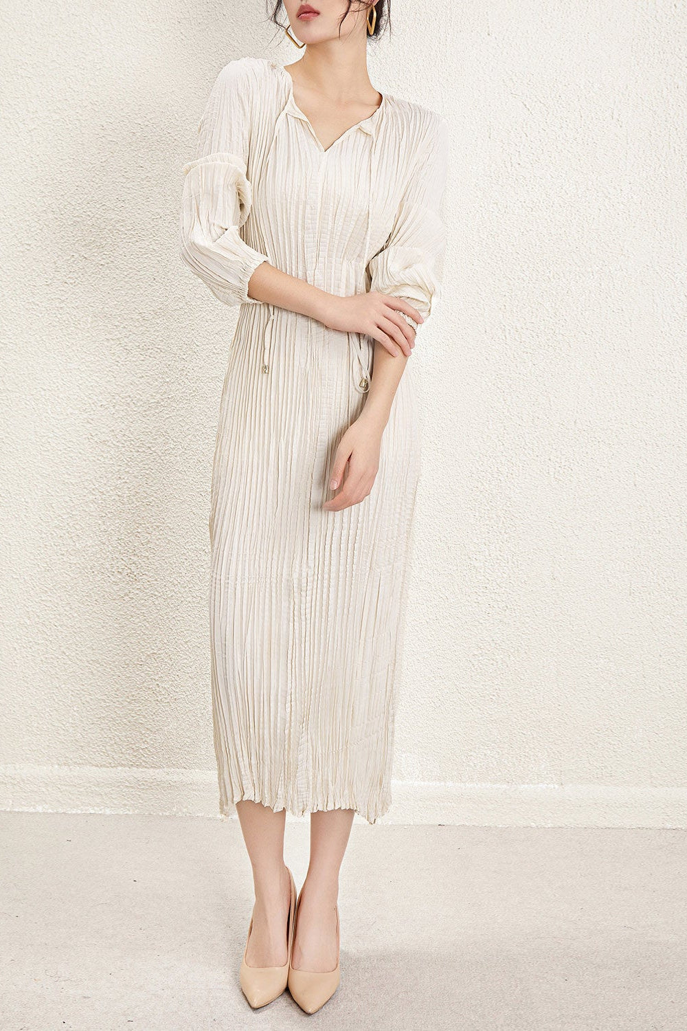 Pleats Art Style Pleated Dress – Irregular Long Sleeve Cinched Waist
